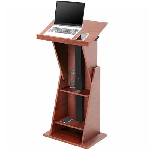 VIVO Pneumatic Height Adjustable Podium, Professional Presentation Lectern with 24 inch Platform and Storage Shelves, Dark Walnut, Stand-PDMH