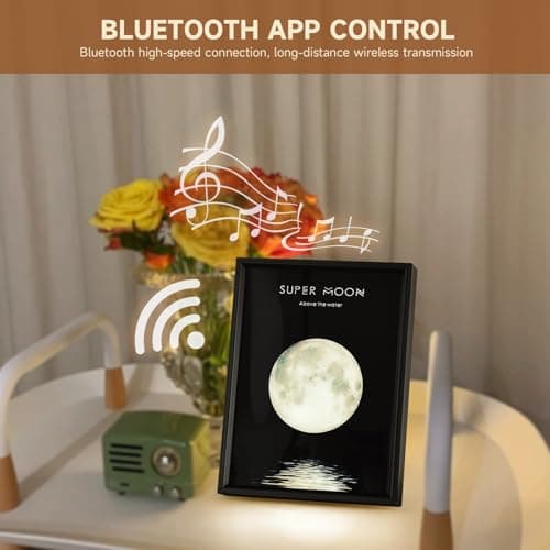 Super Moon Wireless Bluetooth Speaker Wall Art, LED Moon Light Decoration, Black Frame with Music Player Gift