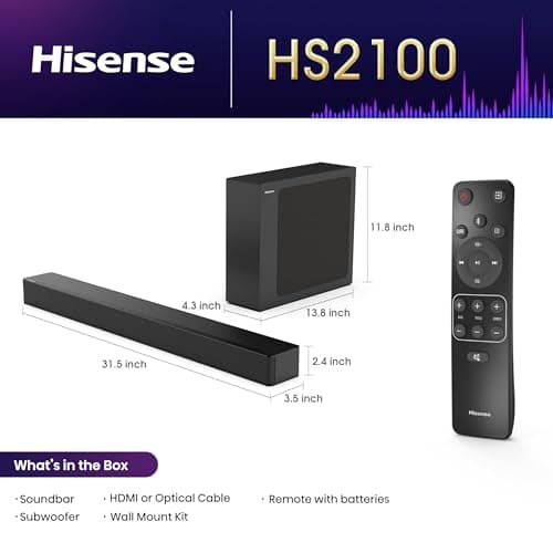 Hisense HS2100 2.1 Ch 240W Sound Bar with Wireless Subwoofer - DTS Virtual X, Dolby Audio, Ezplay, 6 EQ Modes, HDMI ARC, Bluetooth 5.3