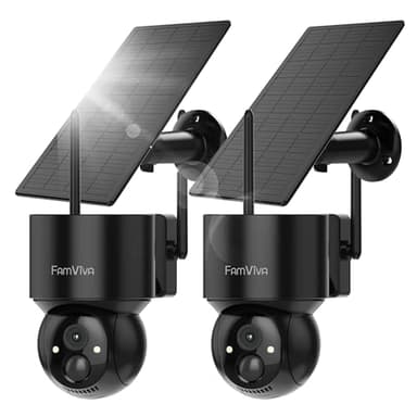 2K Solar Security Cameras Wireless Outdoor, 360°PTZ Battery Powered Cameras for Home Security, 2.4G WiFi Outdoor Camera with Color Night Vision, IP66 Waterproof, Motion Sensor Alarm, Black，2Pack