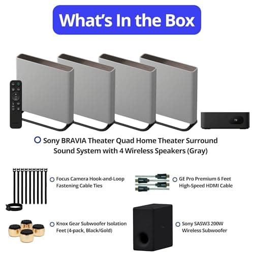 Sony BRAVIA Theater Quad Home Theater Surround Sound System with 4 Wireless Speakers (Gray) Bundle SASW3 Wireless Subwoofer, Monitor Isolation Pads, HDMI Cable, and Cable Ties (5 Items)