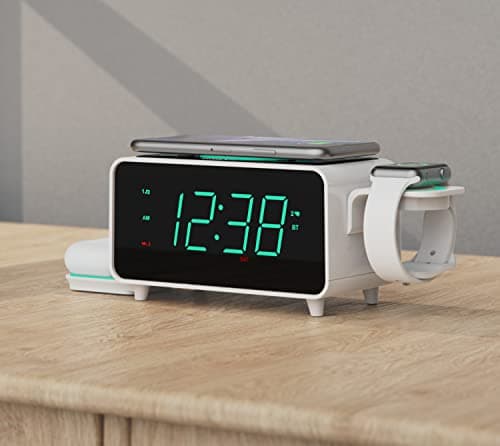 Emerson Smartset Dual Alarm Clock FM Radio with Wireless Charging, Bluetooth Speaker, Ultra Fast Charging for Airpods/iPhone, Foldable Stand, USB Charger, Adjustable LED Glow, ER100501