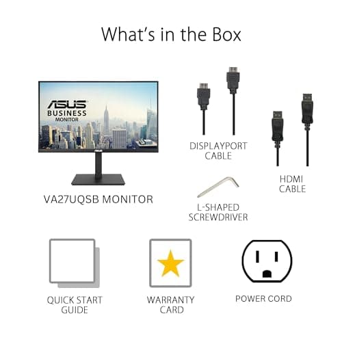 ASUS 27” 4K Business Monitor (VA27UQSB) - UHD (3840 x 2160), IPS, Frameless, HDR10, DisplayPort, Dual HDMI, Speakers, Eye Care, Ergonomic, pivot, swivel, height adjustable, DisplayWidget, 3yr warranty