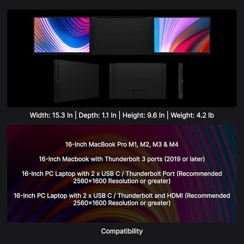 16" Pro Triple Laptop Screen Extender, Dual 16" 2k Portable Monitors, 144Hz, 100% DCI-P3, Compatible with 16" MacBook Pro M1, M2, M3, M4 & Windows Laptops, for Gaming, Creators, & Professional