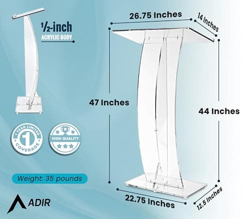 AdirOffice Clear Acrylic Podium, Ideal for use as Pulpits for Churches, Podium Stand for Wedding, or as Acrylic Lectern