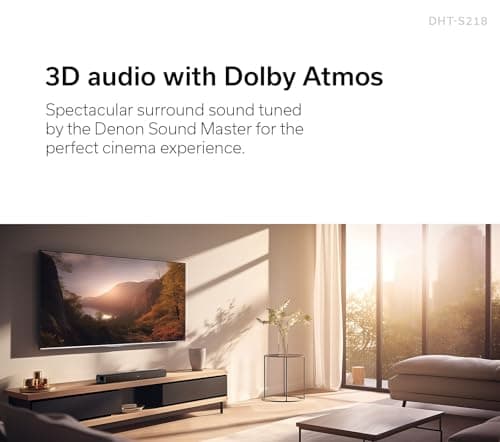 Denon DHT-S218 Sound Bar (Black), 2.1-Channel, 3D Audio with Dolby Atmos, 2 Built-in Subwoofers, Dual Midrange Drivers & Tweeters, 4K UHD HDMI with eARC, Dialog Enhancer, Multi-Pairing & Multi-Point