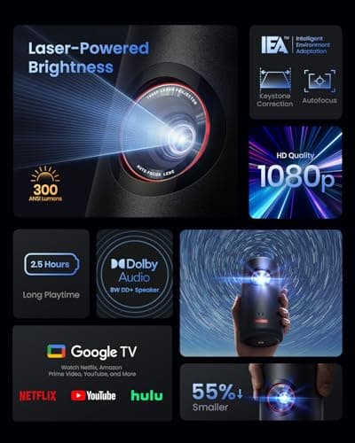 NEBULA Capsule 3 Laser Projector, Upgraded with Google TV and Official Netflix, Mini Smart TV Projector with Wi-Fi, Outdoor Portable Projector, Dolby Digital, 120-Inch Screen, 2.5H Built-In Battery