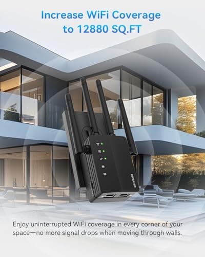 WiFi Extender Signal Booster, 12880 Sq.Ft Range, 105 Device Compatibility, Dual Band 5GHz/2.4GHz, 1200Mbps, WiFi Extender for Expanded Coverage