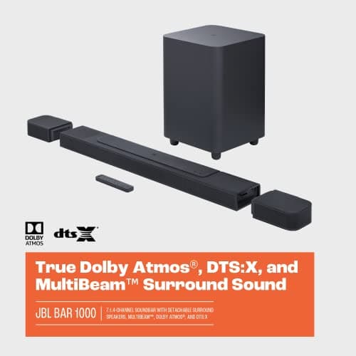 JBL Bar 1000: 7.1.4-Channel soundbar with Detachable Surround Speakers, MultiBeam™, Dolby Atmos®, and DTS:X®, Black (Renewed)