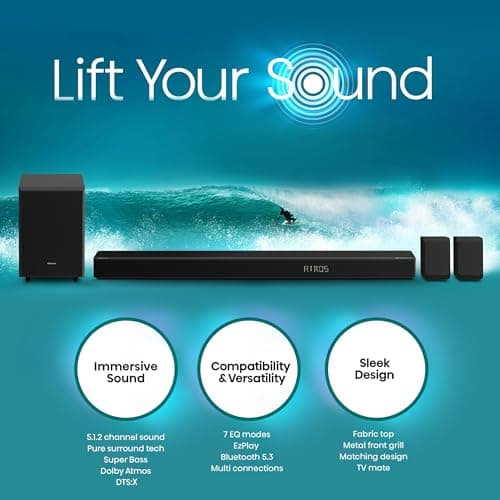 Hisense AX5125H 5.1.2Ch Sound Bar with Wireless Subwoofer, 500W, Dolby Atmos, Bluetooth 5.3, EzPlay, 4K HDMI Pass Through, Roku TV Ready, DTS:X, HDMI/AUX/ARC/Optical/USB, 7 EQ Modes
