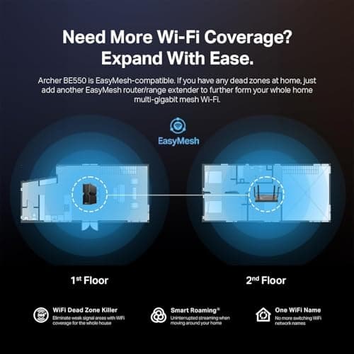 TP-Link Tri-Band BE9300 WiFi 7 Router Archer BE550 6-Stream 9.2Gbps Full 2.5G Ports 6 Internal Antennas Covers Up to 2,000 Sq. Ft. Add Easy-Mesh Device for Extended Coverage VPN Support