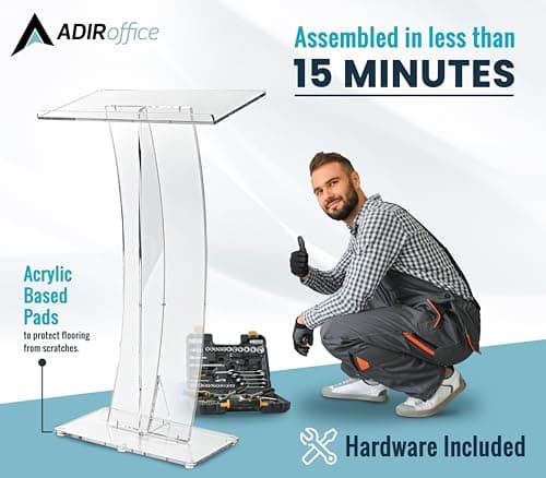 AdirOffice Clear Acrylic Podium, Ideal for use as Pulpits for Churches, Podium Stand for Wedding, or as Acrylic Lectern