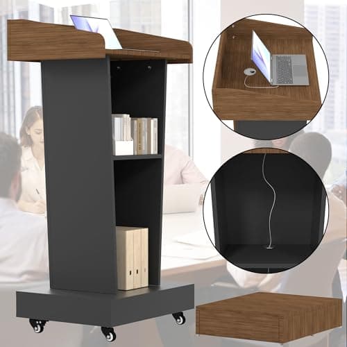 Wooden Podium Stand with Footrest, Rolling Lectern with Storage, 23.6” Desktop, Built-in Cable Holes, Sturdy Base, Mobile Pulpit for Churches, Conferences & Classrooms