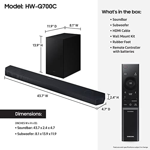 SAMSUNG HW-Q700C 3.1.2ch Soundbar w/Wireless Dolby Audio, Q-Symphony, SpaceFit Sound Pro, Adaptive Sound, Game Mode Pro, Airplay 2, Tap Sound, Chromecast and Alexa Built-in