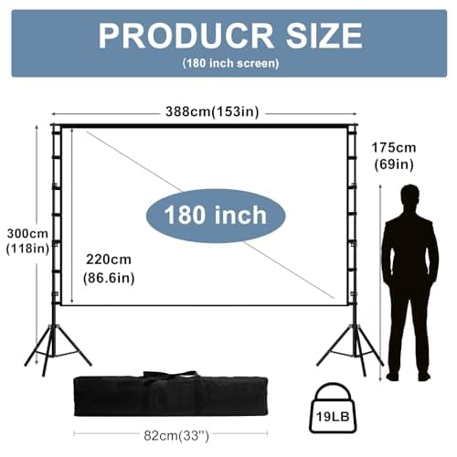180 inch Projector Screen and Stand, 15FT Large Indoor Outdoor Movie Projection Screen 4K HD 16: 9 Anti Crease Design for Backyard Movie Night Easy to Clean, 1.1Gain, 160° Viewing Angle & A Carry Bag
