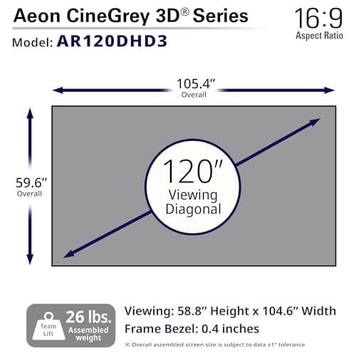 Elite Screens Aeon CineGrey 3D, 120" Fixed Frame CLR/ALR Projector Screen 16:9, Standard Throw Projection, Edge Free Ceiling & Ambient Light Rejecting, Wall-Mounted, for Movie Home Theater, AR120DHD3