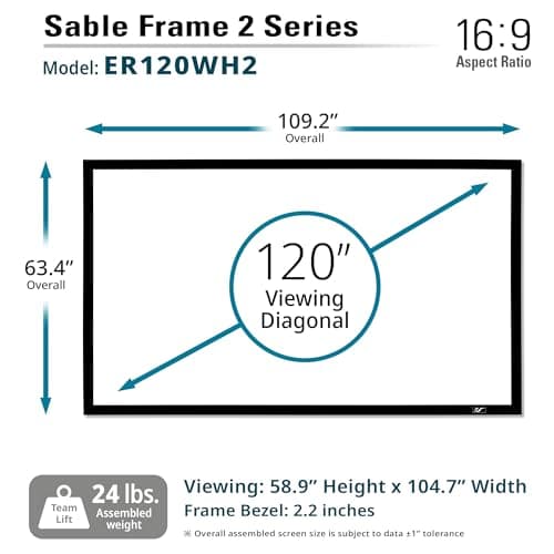 Elite Screens Sable Frame 120” Fixed Frame Projector Screen 16:9, Wall Mounted, 8K/4K UHD, ISF-Certified CineWhite, for Home Theater & Office, Compatible with Standard/Short/UST Projectors, ER120WH2