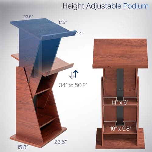 VIVO Pneumatic Height Adjustable Podium, Professional Presentation Lectern with 24 inch Platform and Storage Shelves, Dark Walnut, Stand-PDMH