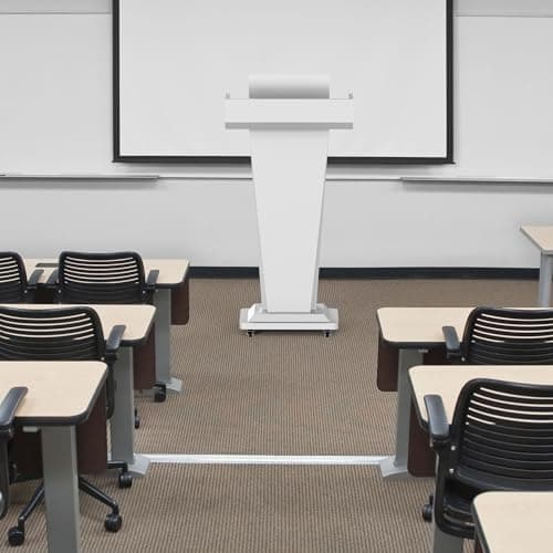 Heavy-Duty Black Metal Podium Stand with Lockable Wheels | Mobile Lectern with Storage Cabinet & Adjustable Height | for Conference Rooms, Churches, Classrooms & Events