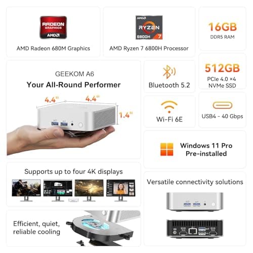 GEEKOM A6 Mini PC with AMD Ryzen 7 6800H, 16GB DDR5 RAM 512GB PCIe 4.0 NVMe SSD, Radeon 680M, Compact Aluminium Design Windows 11 Desktop Computer for Home/Business, USB4/8K UHD/Wi-Fi 6E/BT 5.2