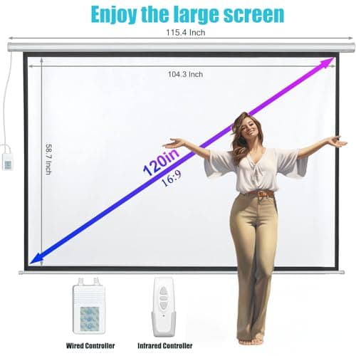 120" Motorized Projector Screen, Electric 16:9 Projector Screen with Remote Control, Indoor/Outdoor HD Movie Screen, Wall/Ceiling Mounted, Perfect for Home Office Theater TV, White