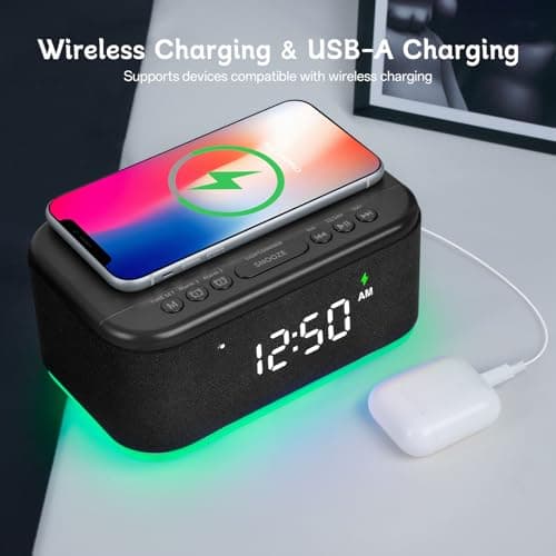 Bluetooth Alarm Clock Radio Bedroom, Digital Dual Alarm Clock Bedroom, Up to 10 Alarms Clock Night Light Speaker App/Button Control FM Charge Snooze Adjustable Volume Dim 12/24H, Black