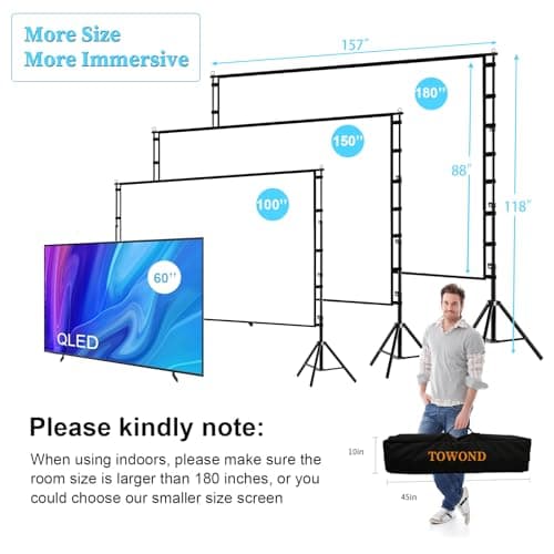Projector Screen and Stand,TOWOND 180 inch Outdoor Projector Screen 15 FT Large Projection Screen, Portable 16:9 4K HD Rear Front Movie Screen with Carry Bag Wrinkle-Free Design for Backyard Theater