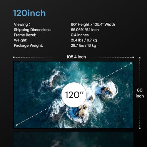 120-inch Fixed Frame Projector Screen, 1.3 dB Gain, 80% PQE, 4K/8K Ultra HD, 3D Wall Mount Projector Screen, Works with Long Throw, Short Throw & Ultra Short Throw Projectors