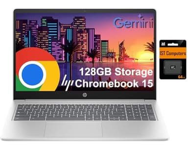 HP Chromebook Laptop 15 ( 15.6" Anti-Glare, Intel N200 (> i3-1115G4), 8GB DDR5 RAM, 128GB Storage (64GB eMMC + 64GB SD Card), Numeric KB) Home & Student, Webcam w/Shutter, Wi-Fi, Chrome OS, Silver