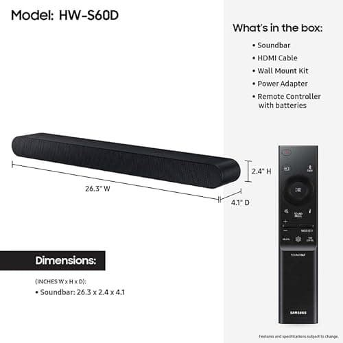 SAMSUNG S60D 5.0ch Soundbar w/Wireless Dolby Atmos Audio, All-in-One Design, Q-Symphony, SpaceFit Sound Pro, Adaptive Sound, Game Mode Pro with Alexa Built-in, HW-S60D/ZA