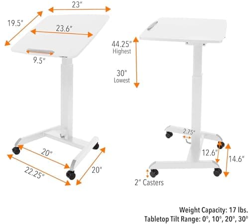 Stand Steady Multifunctional Mobile Podium Desk | Portable Sit to Stand Lectern with Pneumatic Height Adjustment & Tilting Desktop | Rolling Laptop Stand | Mobile Desk for School, Home, Office (White)