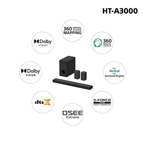 Sony HT-A3000 3.1ch Dolby Atmos TV Sound Bar with DTS:X, 360 Spatial Sound Mapping, Dual Subwoofers, Wi-Fi, Bluetooth, Airplay 2
