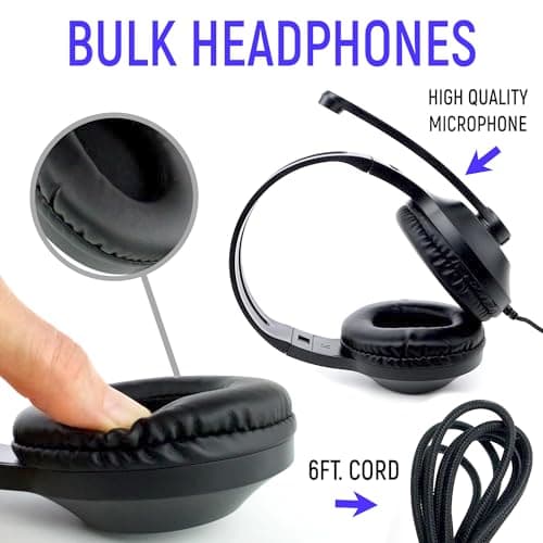 Bulk Headphones for Classroom with Microphone, Heavy-Duty School Pack Wired Headphones for Students with Rotating Boom Mic. Teacher Must Haves from Elementary to College (12 Pack Black)