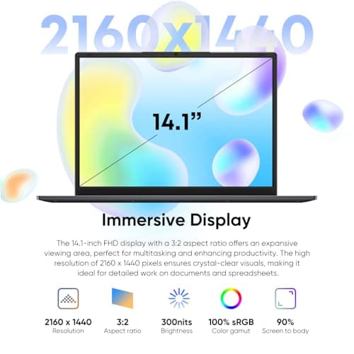 14.1" Laptop 16GB RAM 512GB SSD, QHD (2160x1440) Display, Intel Core m3 8100Y (Beat Intel i3-5005u), Windows 11 Pro Notebook Computer with HDMI, Type C, Long Battery Life, MS Office 2024 - Gray