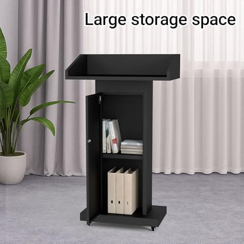 GARVIN Podium Stand with 4 Lockable Wheels, Heavy-Duty Metal Lecterns & Podiums with Hidden Storage, 46.5”H Portable Pulpit for Church, School, Office and Conference, Black