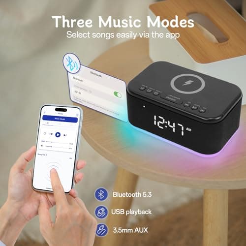 Bluetooth Alarm Clock Radio Bedroom, Digital Dual Alarm Clock Bedroom, Up to 10 Alarms Clock Night Light Speaker App/Button Control FM Charge Snooze Adjustable Volume Dim 12/24H, Black