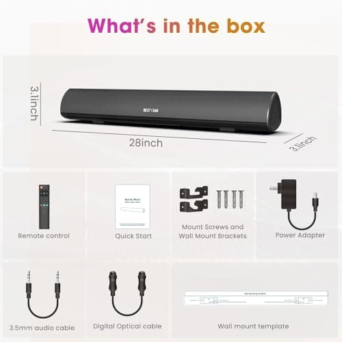 BESTISAN Soundbar, TV Sound Bar with Wired HDMI and Wireless Bluetooth 5.0 Home Theater System (28 Inch, Enhanced Bass Technology, 3-Inch Drivers, Bass Adjustable, Wall Mountable, DSP)