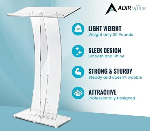 AdirOffice Clear Acrylic Podium, Ideal for use as Pulpits for Churches, Podium Stand for Wedding, or as Acrylic Lectern