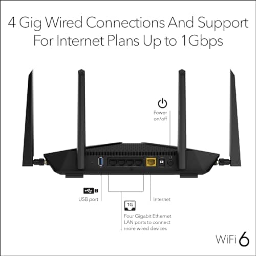 NETGEAR Nighthawk 6-Stream Dual-Band WiFi 6 Router (RAX54S) – Security Features, AX5400 Wireless Speed, Up to 5.4 Gbps, Covers up to 2,500 sq. ft., 25 Devices - 1-Year Armor Subscription Included