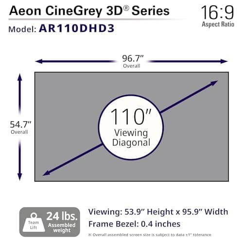 Elite Screens 110 inch CLR/ALR Projector Screen 16:9 4K, Standard Throw Projection, Edge Free Ambient Light Rejecting Fixed Frame Grey for Indoor Movie Screen Home Theater - Aeon CineGrey 3D AR110DHD3