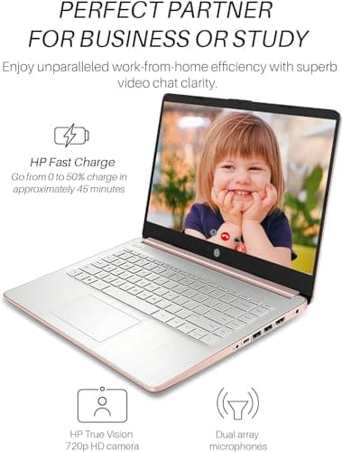 HP 14" Laptop for Student Business, Intel Quad-Core N4120, 8GB RAM + 384GB Storage (128GB eMMC+256GB MSD), Long Battery Life, Wi-Fi, HDMI, 1-Year Office 365 & Windows 11 S, Designed Mouse, Rose Gold