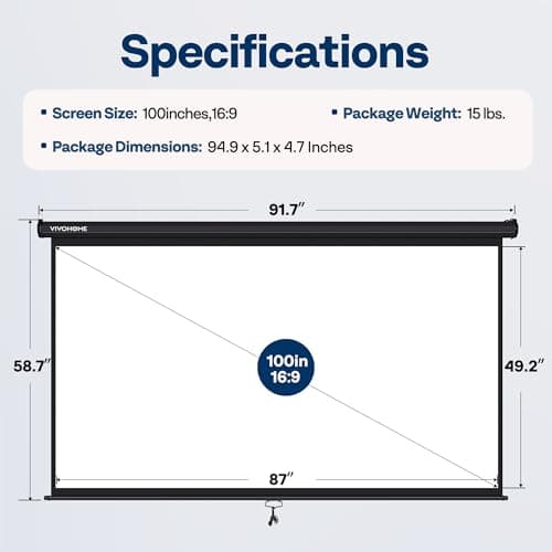 VIVOHOME Projector Screen Pull Down, 16:9 100 Inch Retractable Projection Screen, HD 4K Manual Pull Movie Screen for Home Theater, Cinema, Office (87x49 Inch Black)