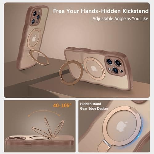 BENTOBEN for Magnetic iPhone 15 Pro Case, [Compatible with Magsafe] [Curly Wave Frame Design] Non-Slip Easier Grip Kickstand Ring Holder Protective Bumper Cute Girls Men Phone Cover, Desert Titanium