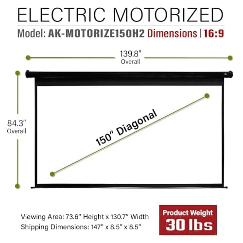 Akia Screens 150 inch Motorized Projector Screen Electric Drop Down Remote Controlled Ceiling Wall Mount Office Home Movie Theater AK-MOTORIZE150H2