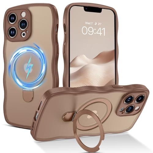 BENTOBEN for Magnetic iPhone 15 Pro Case, [Compatible with Magsafe] [Curly Wave Frame Design] Non-Slip Easier Grip Kickstand Ring Holder Protective Bumper Cute Girls Men Phone Cover, Desert Titanium