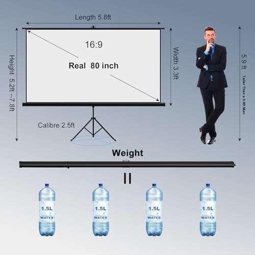 Outdoor Projector Screen with Stand Tripod, Indoor Pull Up Portable Projector Screen, 80 INCH 16:9 Adjustable Projection Screen with Carry Bag for Home Theater Backyard Party Movie Nights