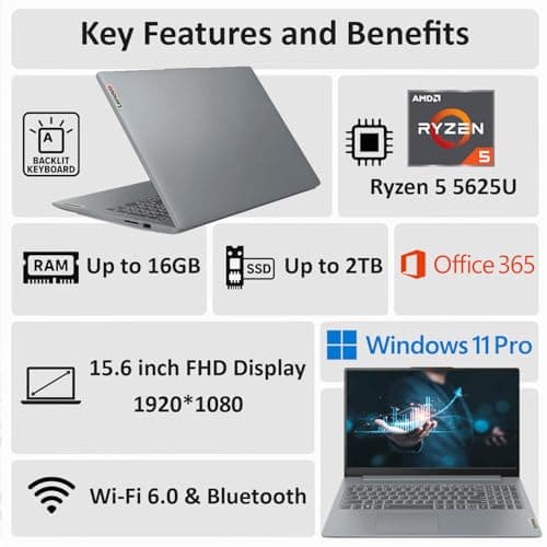 Lenovo Ideapad Slim 3 Laptop for Student & Business with Microsoft Office, Backlit Keyboard, AMD Ryzen 5 5625U (Beats Intel i7-1260U), 15.6" FHD Display, 16GB RAM 512GB SSD, Windows 11 Pro, WOWPC USB