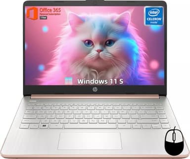 HP 14" Laptop for Student Business, Intel Quad-Core N4120, 8GB RAM + 384GB Storage (128GB eMMC+256GB MSD), Long Battery Life, Wi-Fi, HDMI, 1-Year Office 365 & Windows 11 S, Designed Mouse, Rose Gold