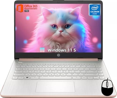 HP 14" Laptop for Student Business, Intel Quad-Core N4120, 8GB RAM + 384GB Storage (128GB eMMC+256GB MSD), Long Battery Life, Wi-Fi, HDMI, 1-Year Office 365 & Windows 11 S, Designed Mouse, Rose Gold