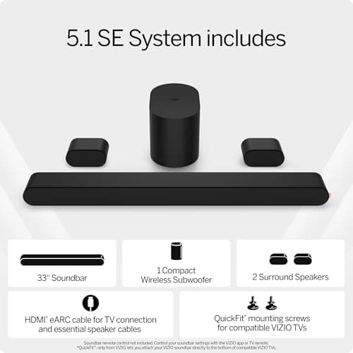 VIZIO 5.1 Soundbar SE, Wireless Subwoofer, Surround Sound w/Dolby Atmos, DTS:X, Bluetooth Speaker - SV510X-0806 (New, 2024 Model)
